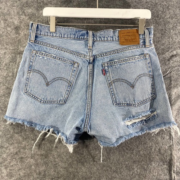 Levis Wedgie Short 31 Light Blue Denim High Rise Distressed Jean Cutoff - Picture 3 of 16